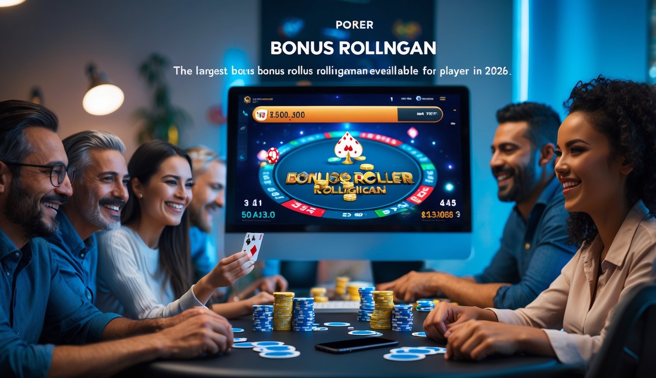 Beberapa pemain poker online sedang bermain di depan komputer dengan suasana ruangan yang nyaman dan pencahayaan hangat.