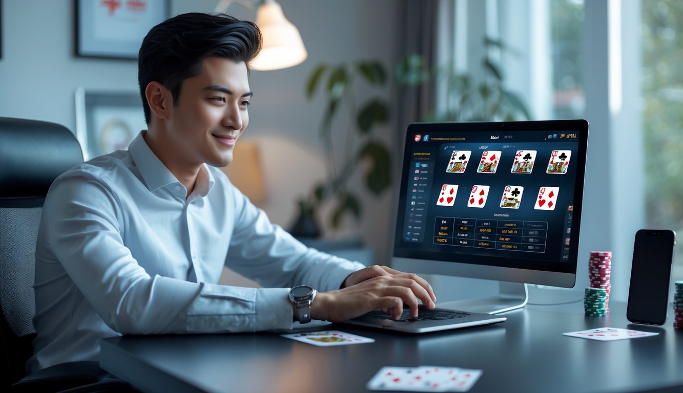 Seorang dewasa muda duduk di meja dengan laptop yang menampilkan permainan poker online, dikelilingi oleh kartu remi dan chip poker.