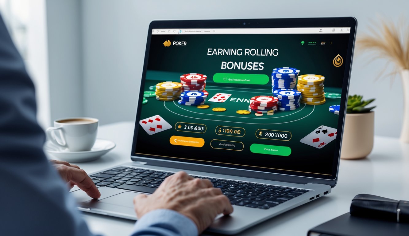 Seseorang sedang bermain poker online di komputer dengan tumpukan chip dan kartu poker di layar.