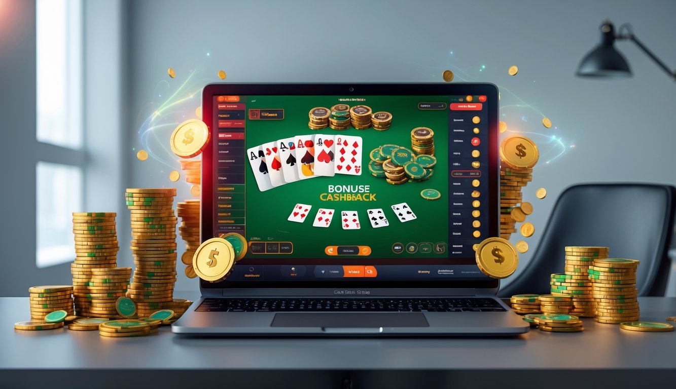 Seorang pemain duduk di depan komputer dengan tampilan permainan poker online dan tumpukan chip poker di meja.