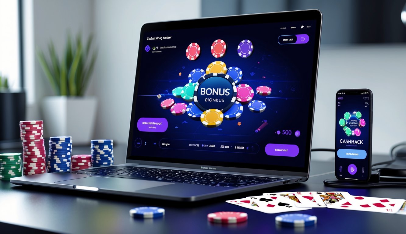 Setup permainan poker online dengan komputer, chip poker, kartu, dan ponsel yang menampilkan notifikasi bonus cashback.