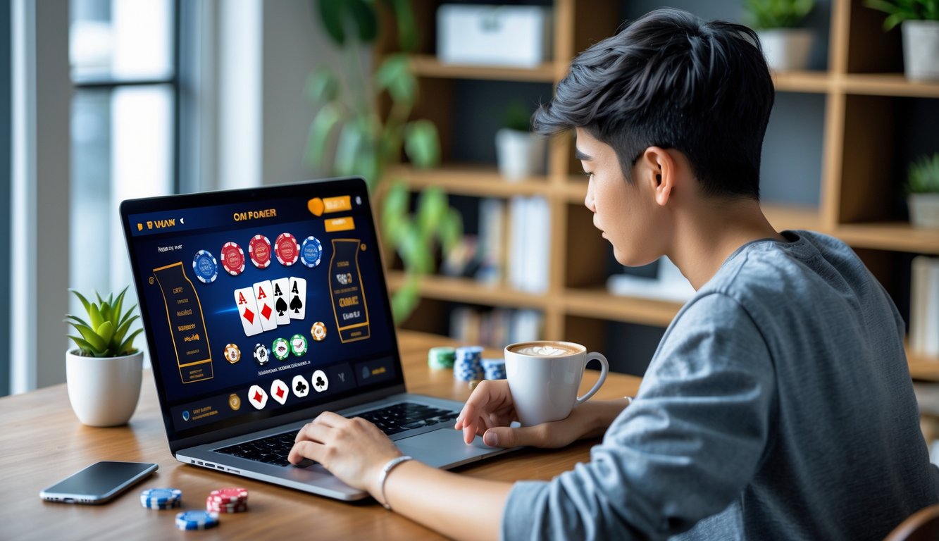Seorang dewasa muda sedang bermain poker online di laptop di meja kerja dengan chip poker dan kopi di dekatnya.
