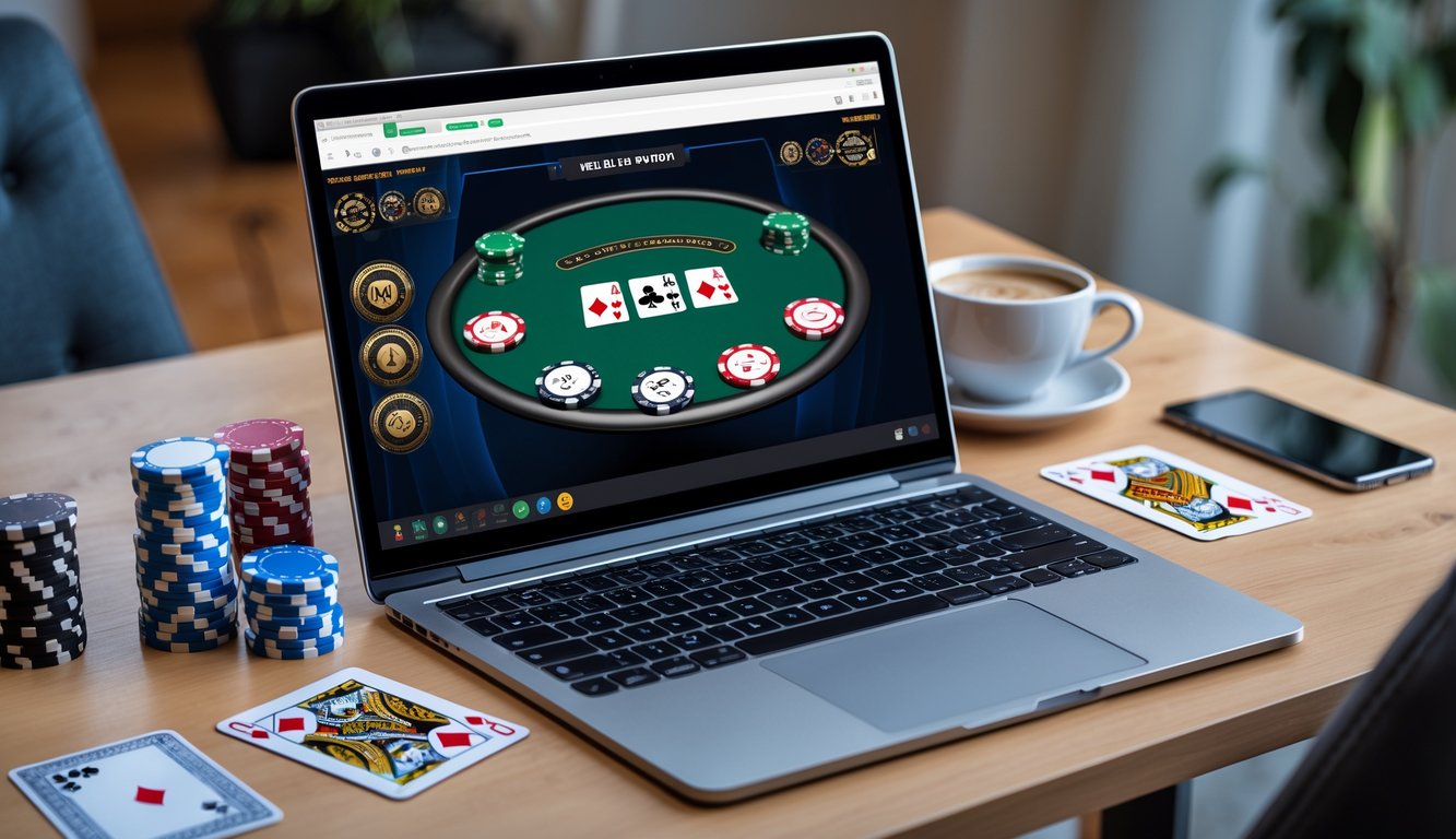 Seorang pemula sedang belajar bermain poker online dengan laptop, chip poker, dan kartu di atas meja kayu.