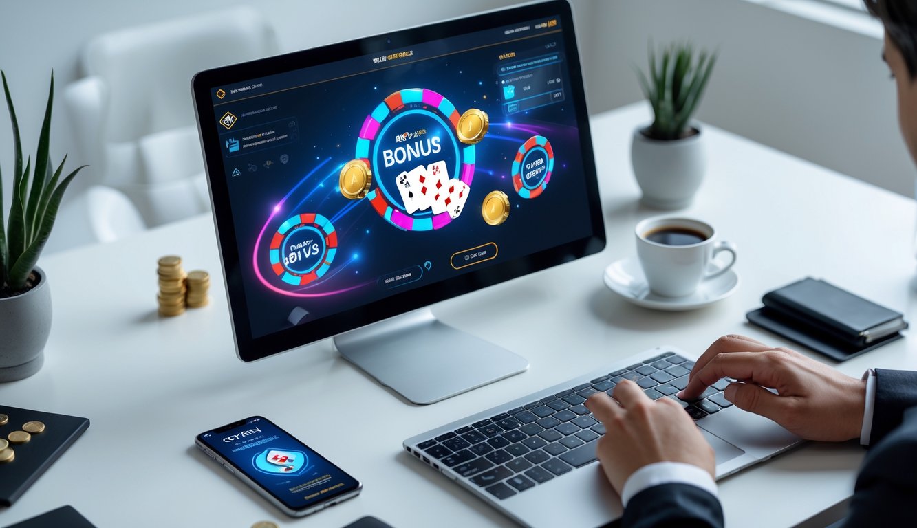 Seseorang bermain poker online di depan komputer dengan chip poker dan kartu bermain terlihat di layar, di meja juga terdapat ponsel dan cangkir kopi.