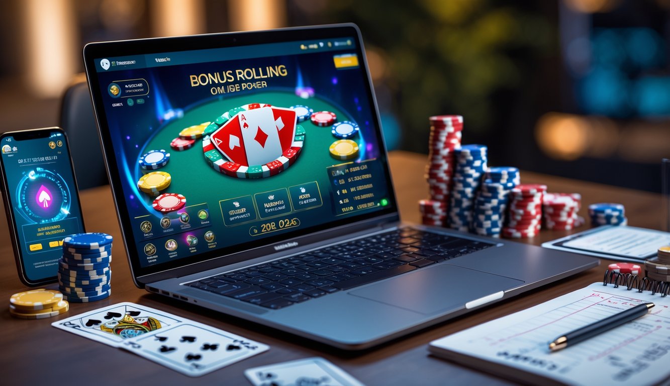 Sebuah laptop menampilkan permainan poker online dengan chip poker dan kartu di sekitar meja, menggambarkan suasana bermain poker online dan bonus rolling.