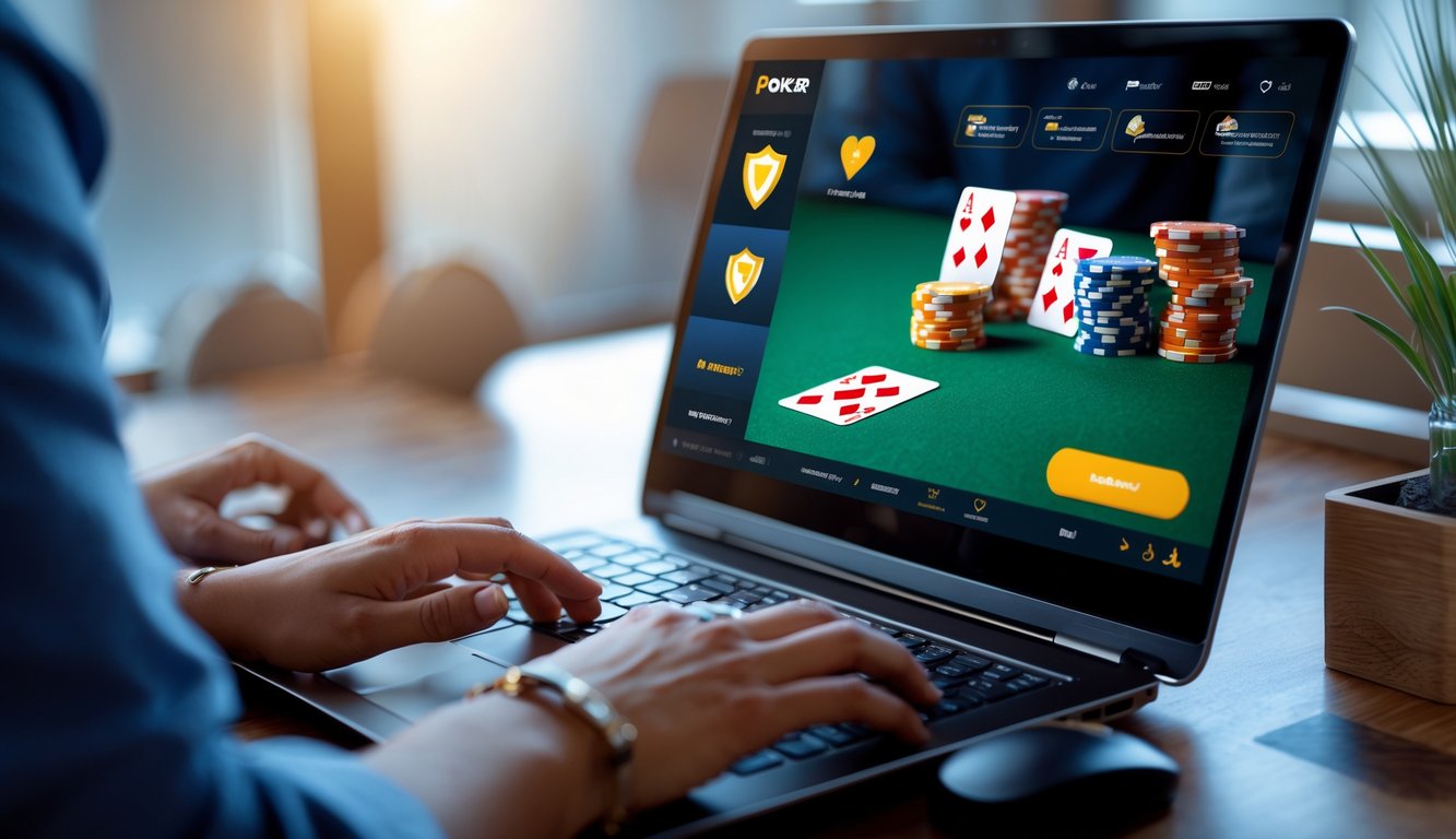 Seseorang bermain poker online di laptop dengan tumpukan chip dan kartu di layar, menunjukkan suasana permainan poker yang profesional dan terpercaya.