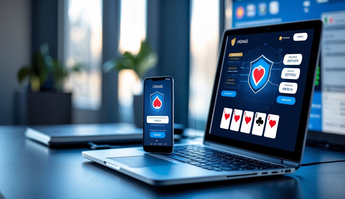 Seorang pria menggunakan laptop dan smartphone untuk bermain poker online di ruang kerja yang rapi dan aman.