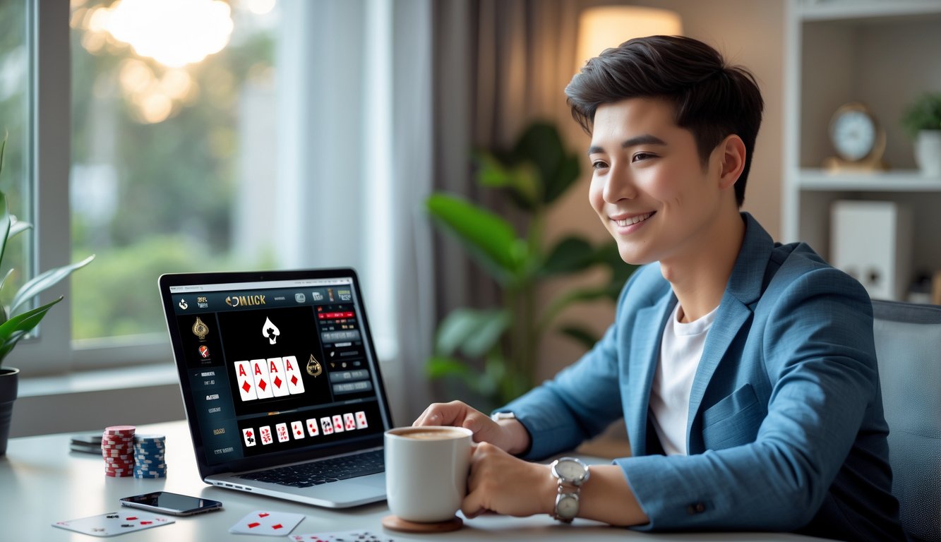 Seorang dewasa muda duduk di meja dengan laptop yang menampilkan permainan poker online, di sekitar meja terdapat kartu remi dan chip poker.