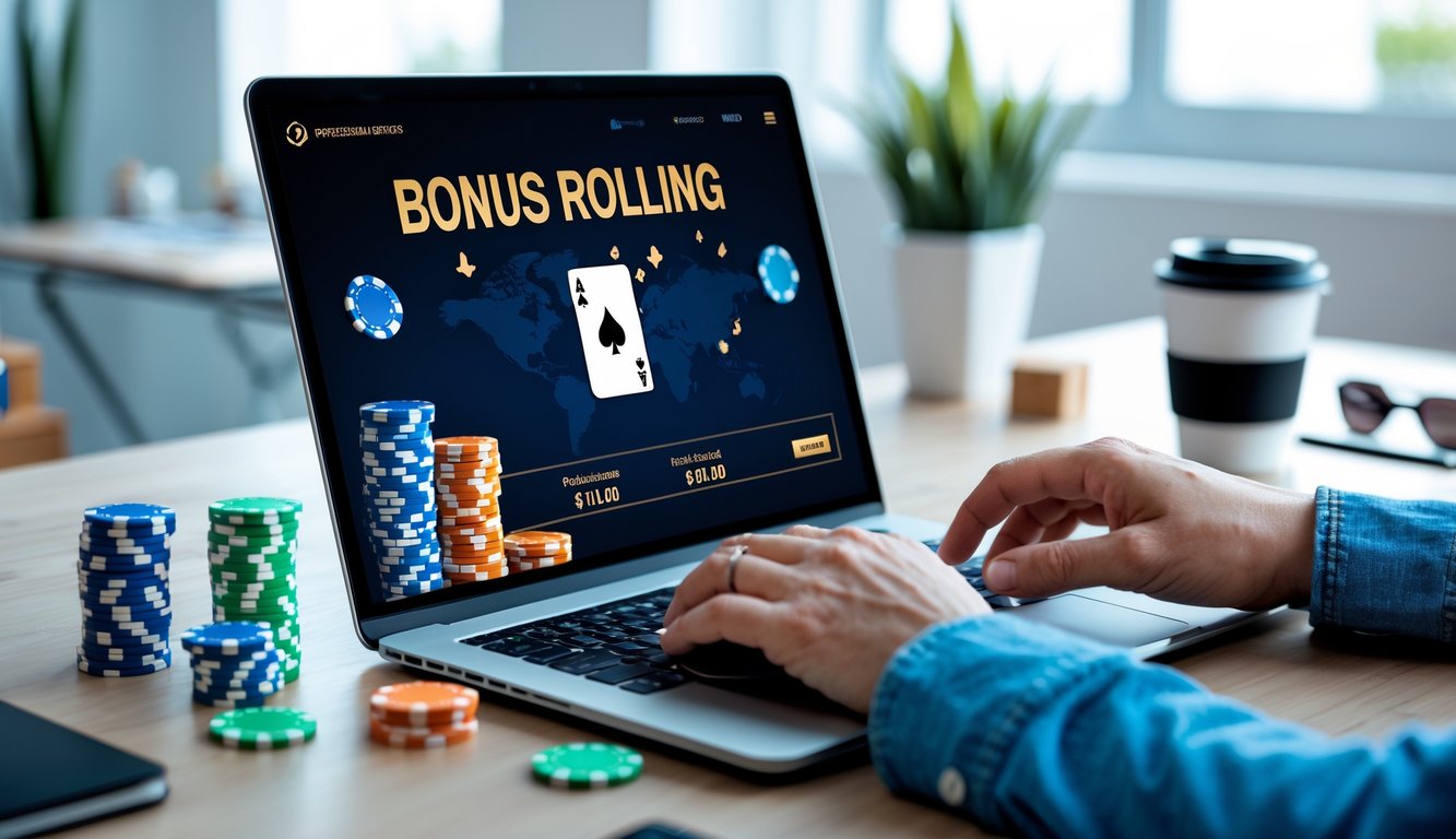 Seseorang menggunakan laptop dengan permainan poker online dan tumpukan chip poker di meja.