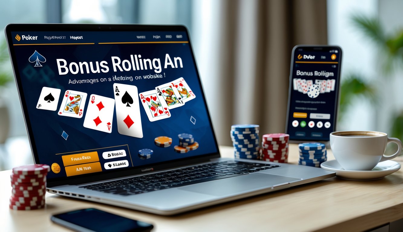 Seorang pemain poker online menggunakan laptop di meja kerja dengan tumpukan chip poker dan ponsel di sampingnya.