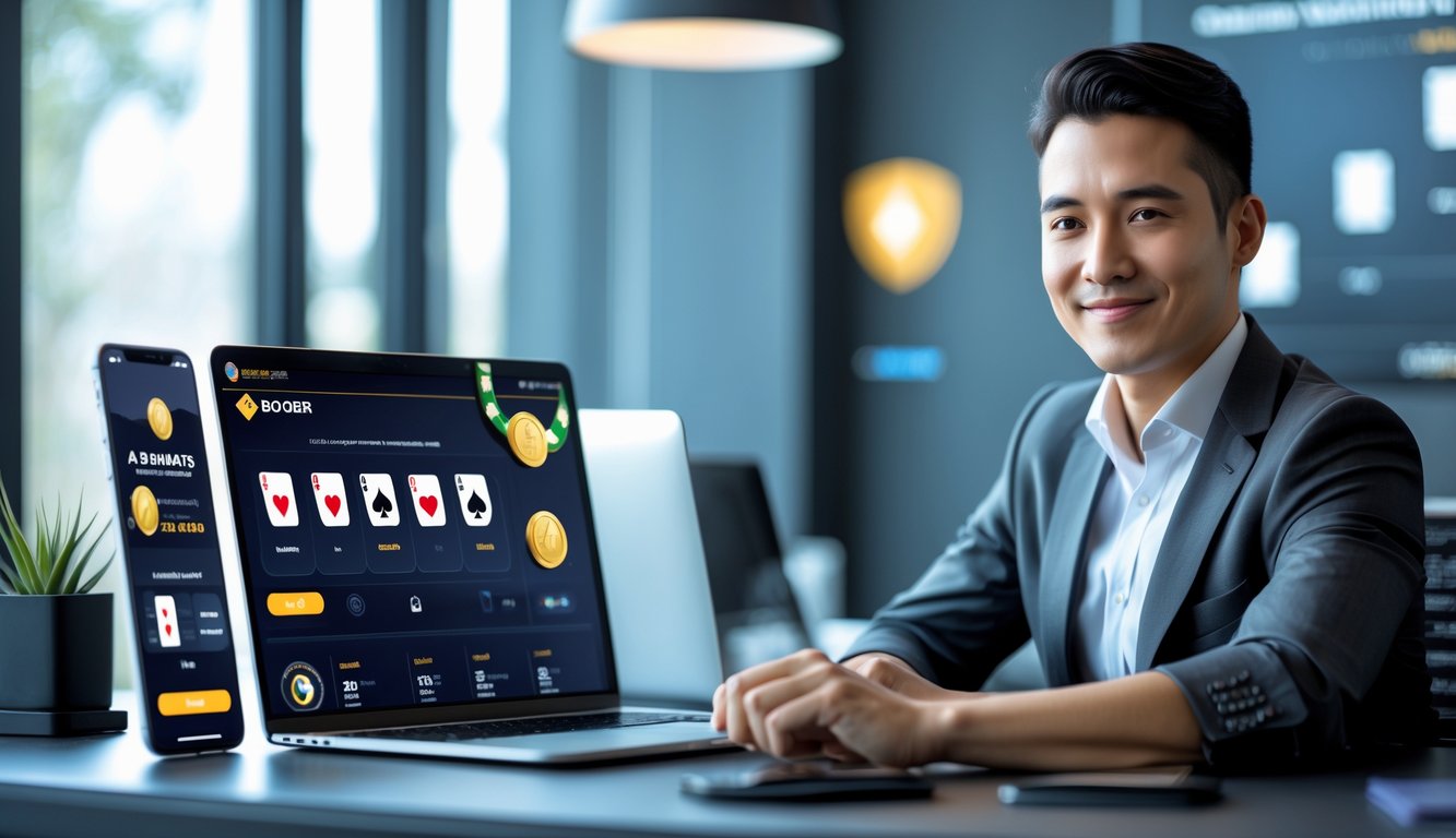 Seseorang sedang bermain poker online di laptop dan ponsel di meja kerja yang rapi, menampilkan suasana percaya diri dan nyaman.