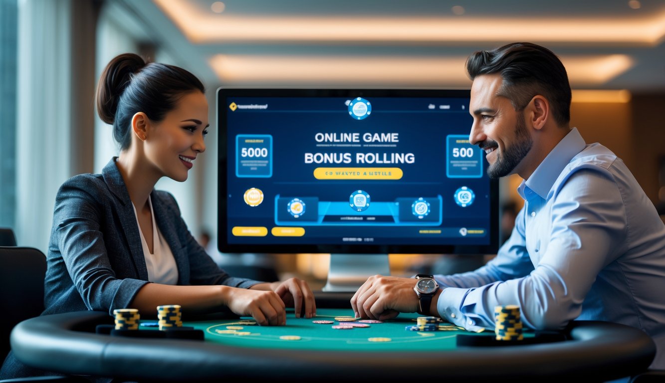 Dua orang dewasa bermain poker online bersama di meja poker modern dengan layar digital di depan mereka.