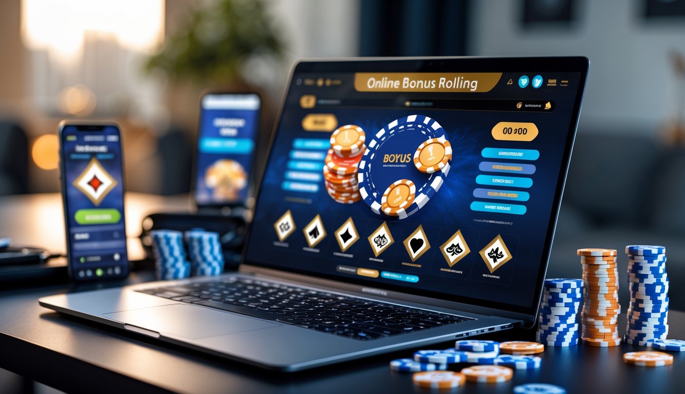 Seorang pemain poker online menggunakan laptop dengan chip poker dan kartu bermain di meja kerja yang rapi.