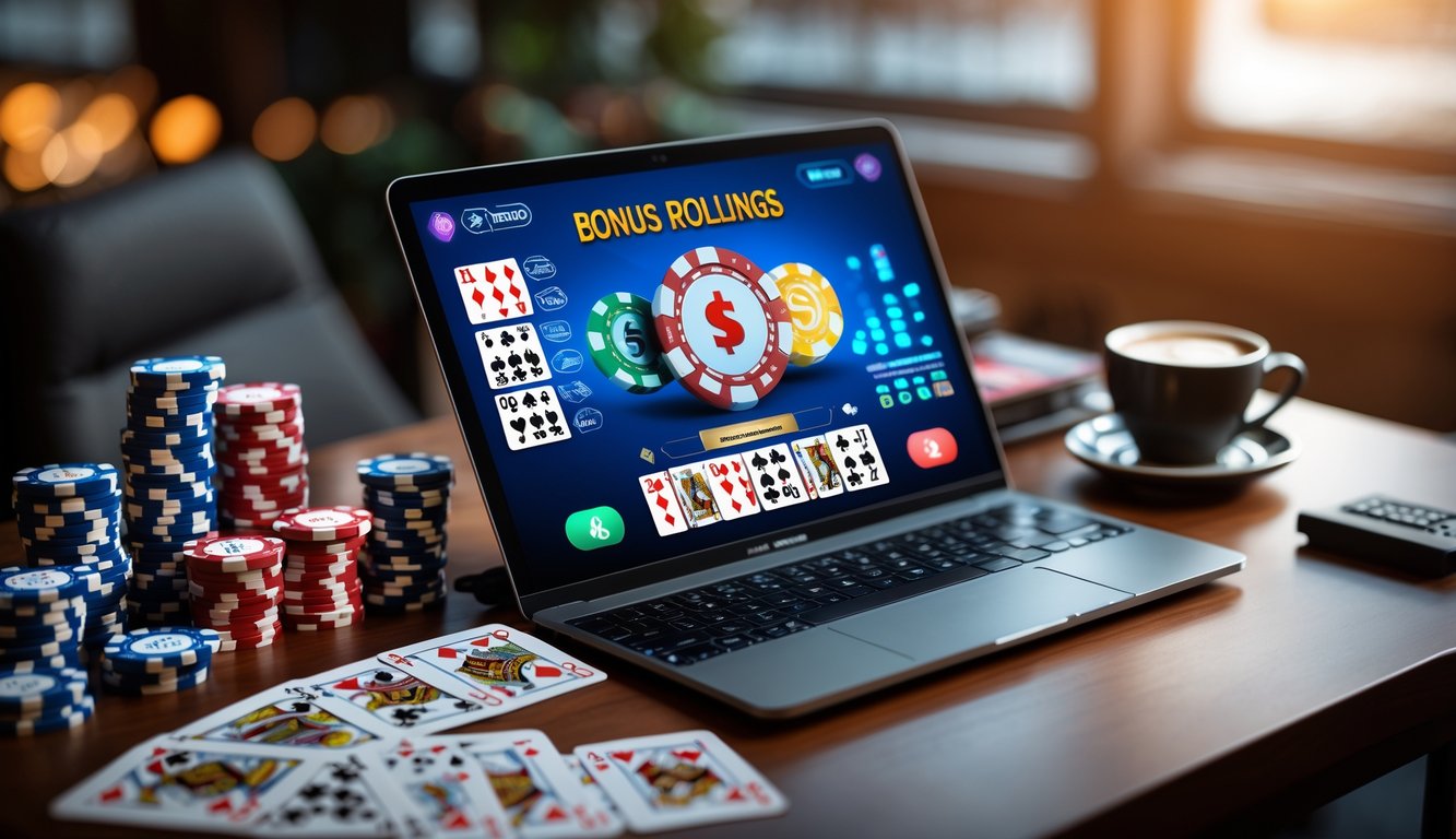 Sebuah meja dengan komputer yang menampilkan permainan poker online, dikelilingi chip poker dan kartu bermain.