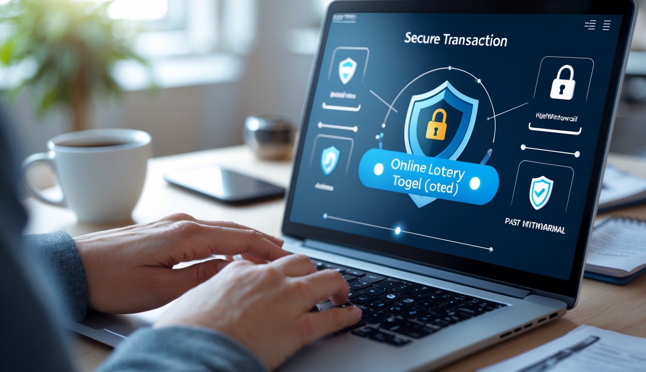 Tangan seseorang menggunakan laptop dengan tampilan ikon keamanan dan transaksi cepat di layar dalam suasana kantor rumah.