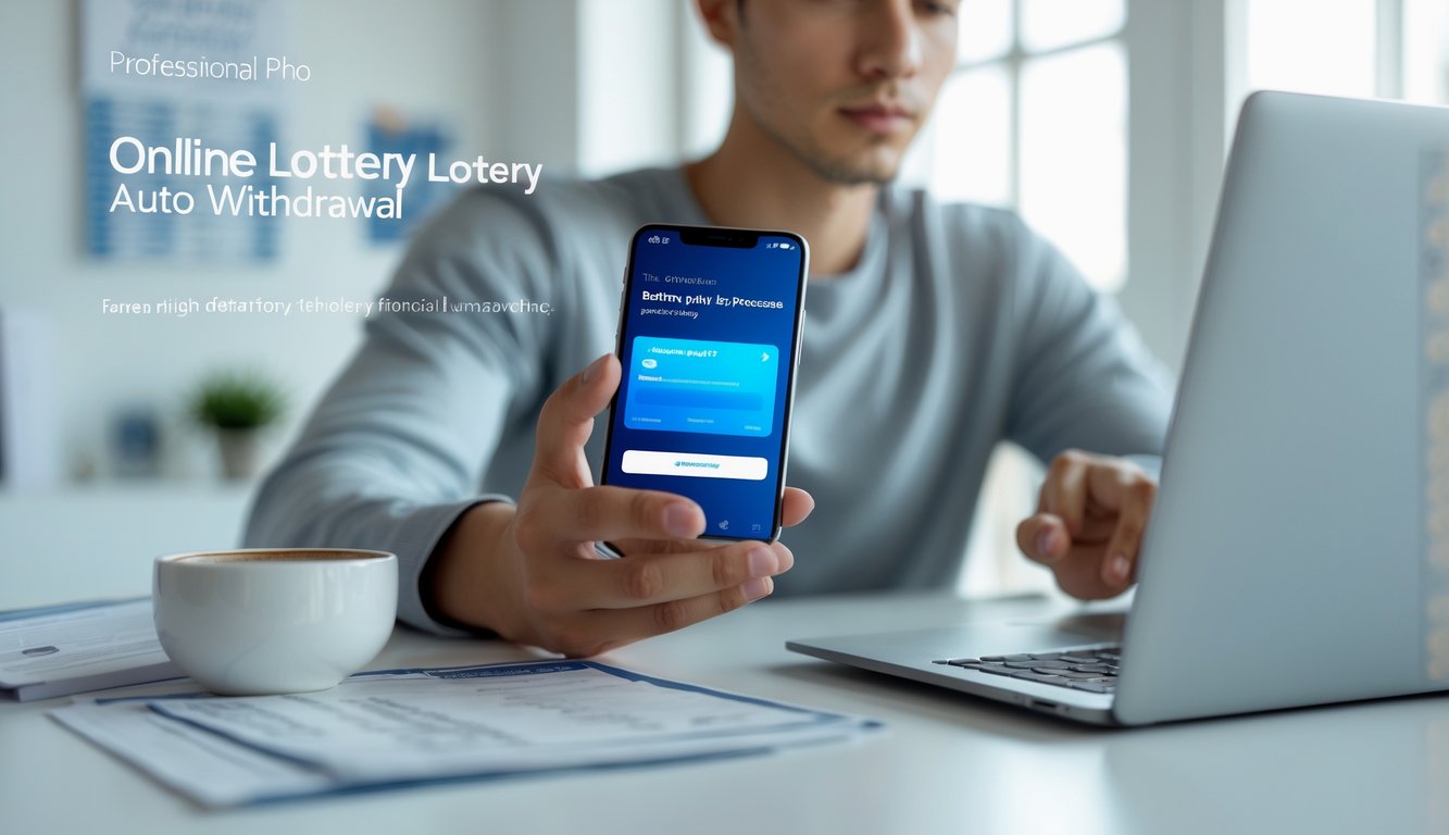 Seorang dewasa muda sedang menggunakan laptop dan ponsel pintar di meja kerja dengan tampilan transaksi keuangan online yang berhasil.