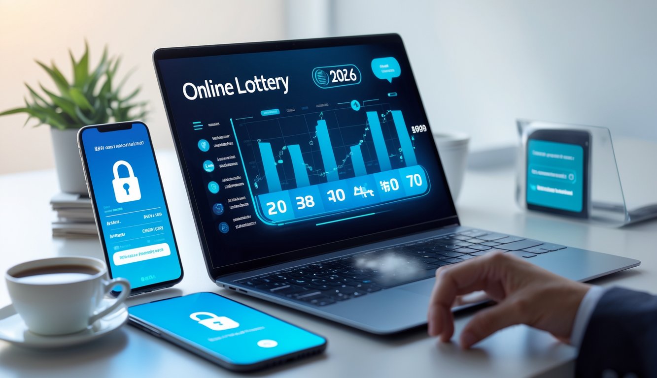 Seorang pemain menggunakan laptop dengan antarmuka lotere online, dikelilingi oleh perangkat teknologi di meja kerja yang rapi.