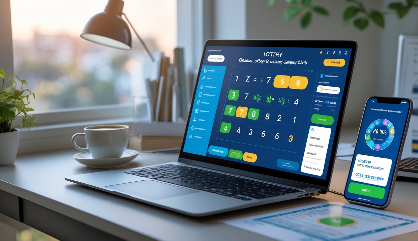Seorang pemain togel online menggunakan laptop dan ponsel di meja kerja dengan suasana rapi dan pencahayaan alami.