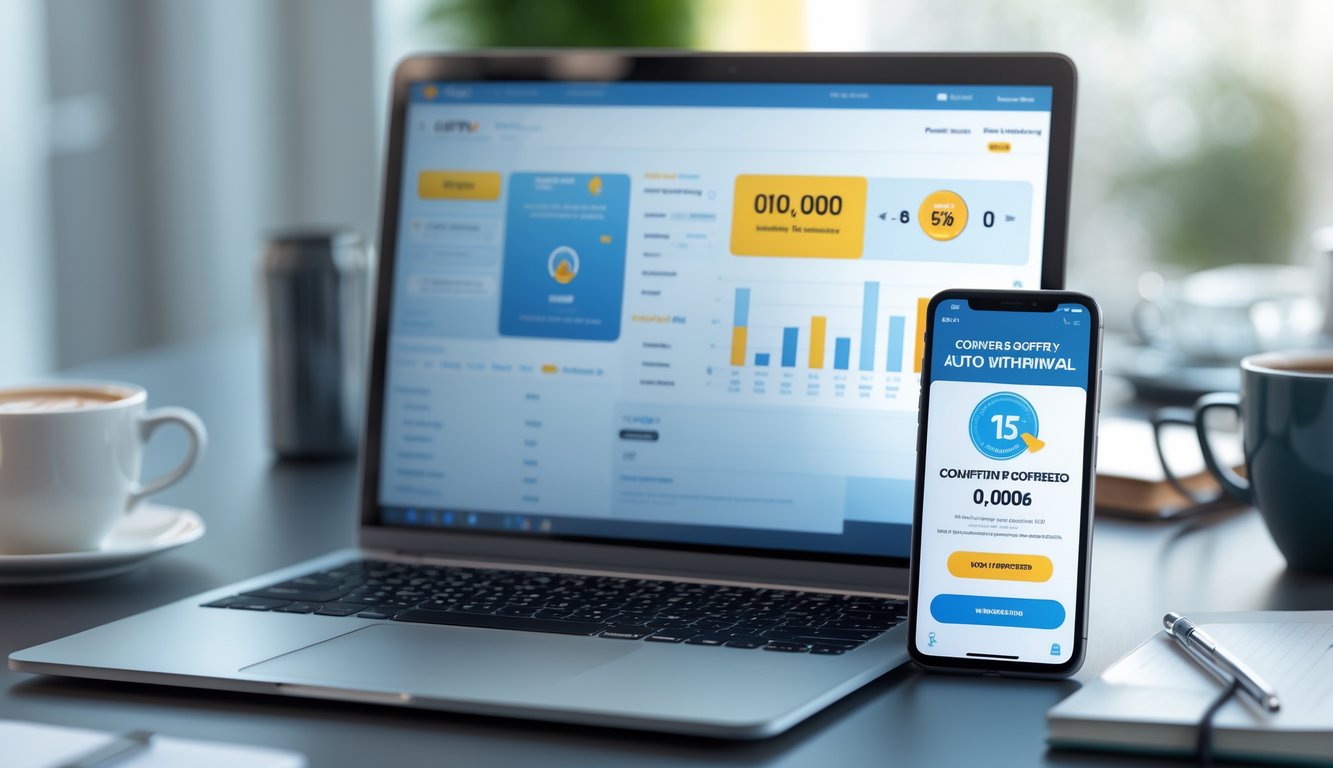 Seorang pengguna bekerja dengan laptop dan ponsel yang menunjukkan transaksi penarikan otomatis di lingkungan kerja yang nyaman.