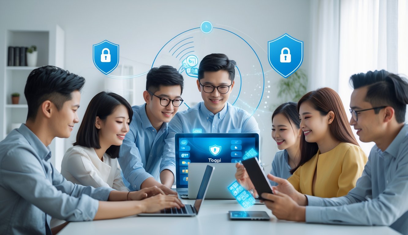 Sekelompok orang muda menggunakan laptop dan ponsel di ruang kerja modern yang terang, menunjukkan aktivitas taruhan togel online dengan suasana aman dan terpercaya.