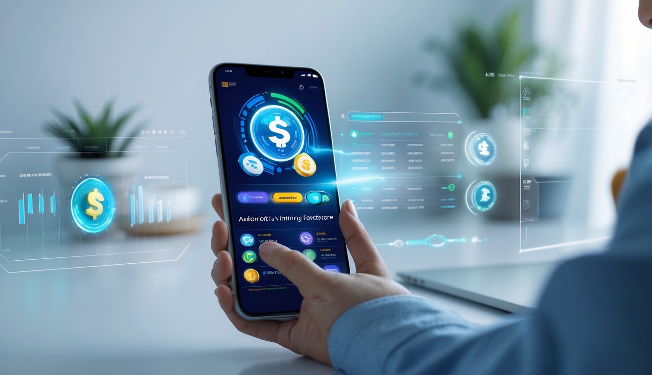 Seseorang menggunakan smartphone dengan aplikasi togel online di layar, di meja kerja yang bersih dengan elemen teknologi di latar belakang.