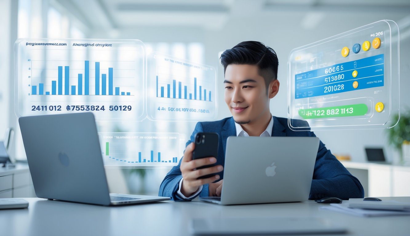 Seorang dewasa muda menggunakan laptop dan ponsel di ruang kantor modern dengan layar digital menampilkan grafik dan angka togel.