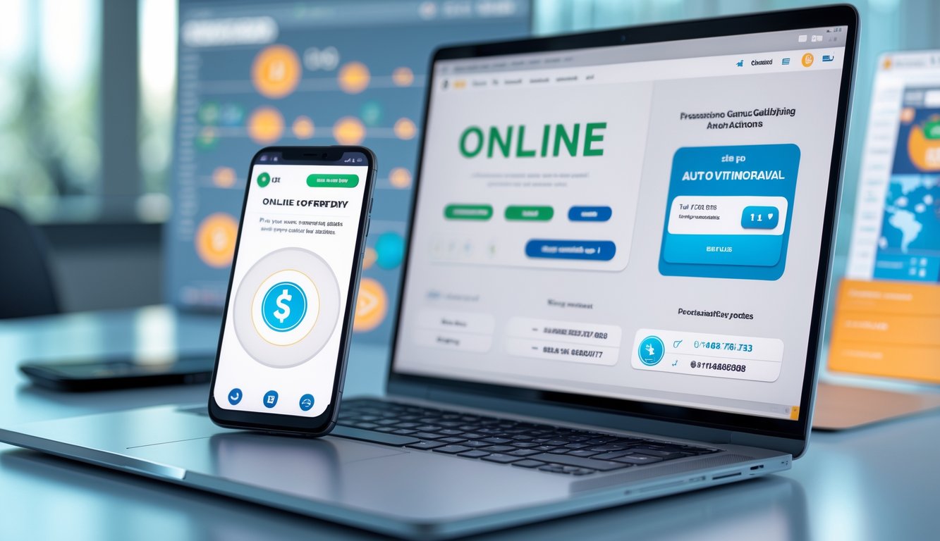 Seorang profesional menggunakan laptop dan smartphone di meja kerja modern yang menampilkan situs togel online dengan fitur penarikan otomatis.