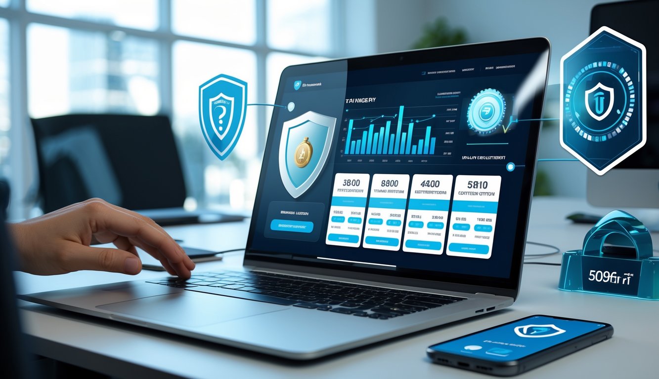 Seorang profesional menggunakan laptop di ruang kantor modern dengan tampilan situs togel online di layar.