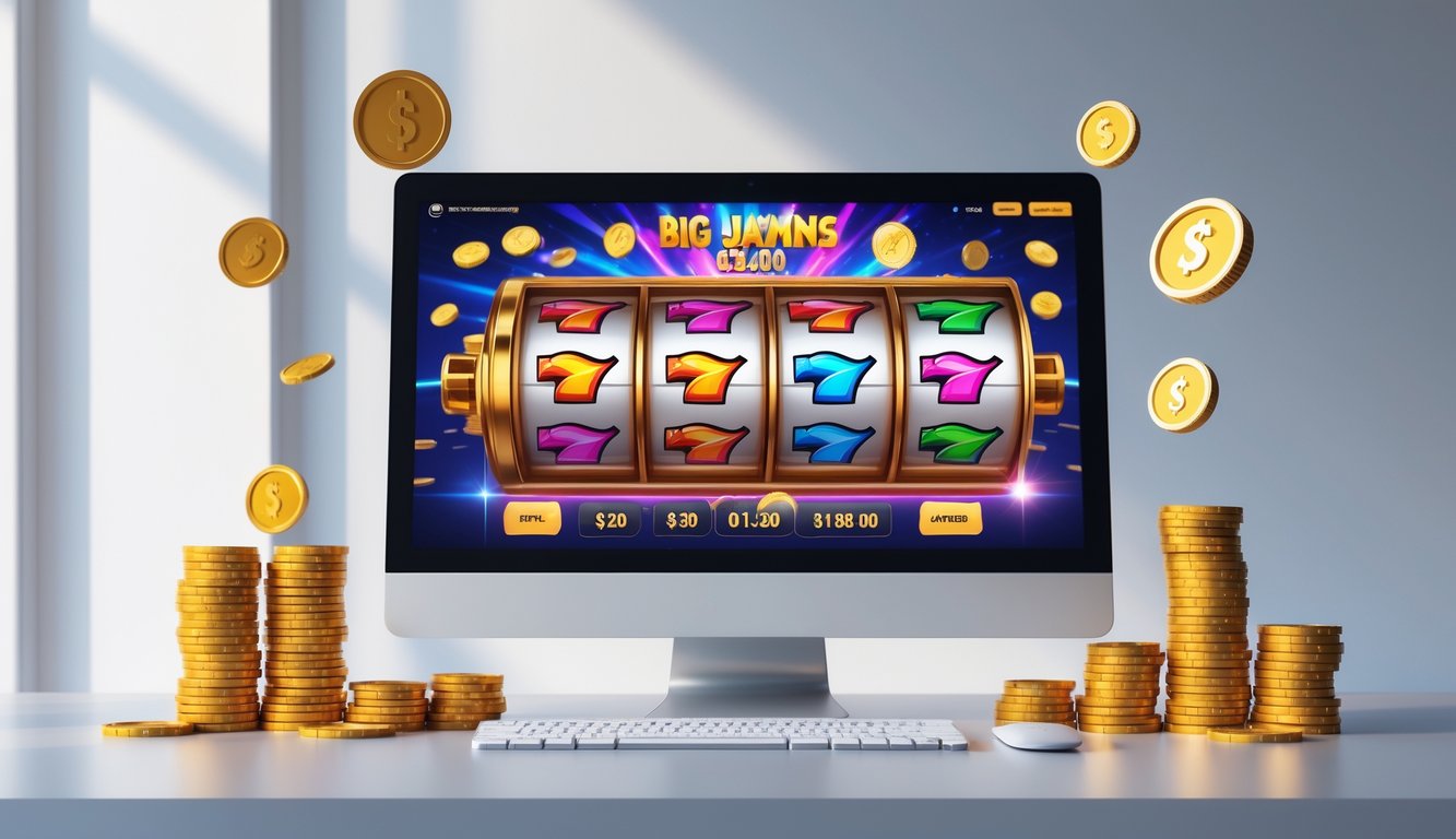 Sebuah meja komputer modern dengan layar menampilkan permainan mesin slot berwarna cerah dan koin emas di sekitarnya.