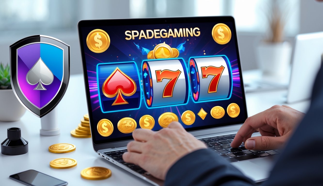Orang menggunakan komputer dengan layar menampilkan permainan slot online Spadegaming dengan simbol jackpot dan koin, di ruang kerja yang rapi dan terang.