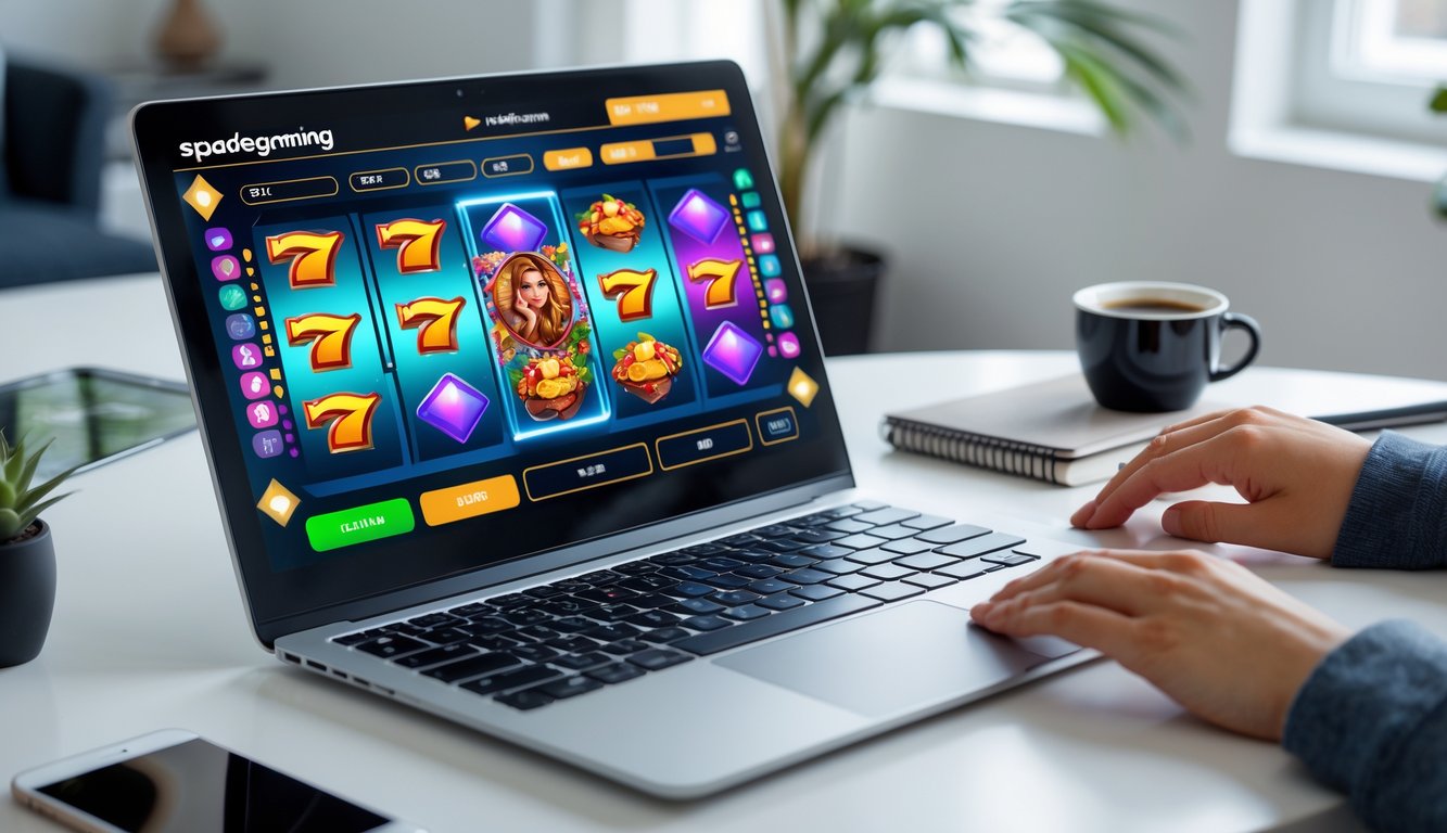 Seseorang bermain permainan slot online di laptop di lingkungan rumah yang rapi dan terang.