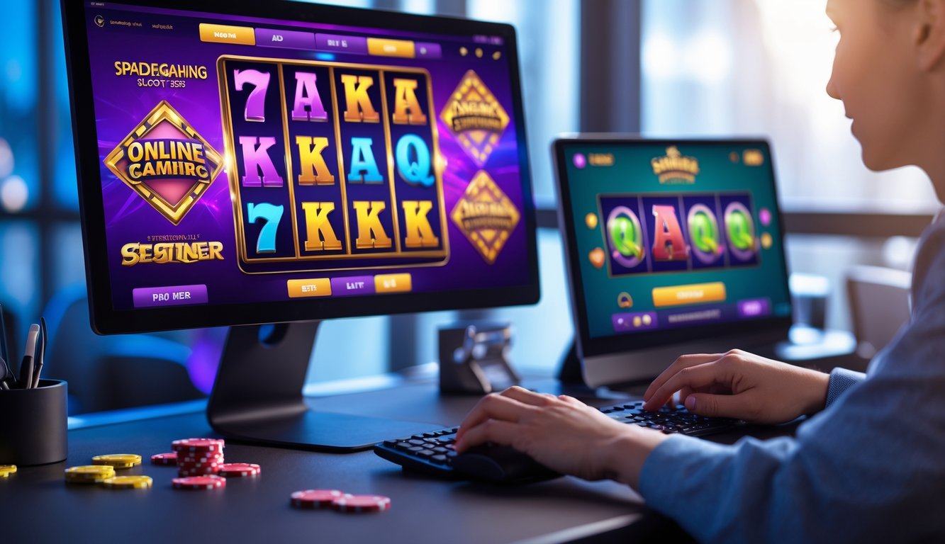 Seseorang bermain permainan slot online di komputer dengan tampilan layar penuh grafis permainan yang cerah dan lingkungan meja kerja yang nyaman.
