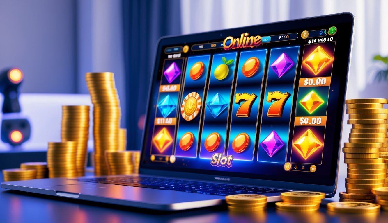 Seorang pemain sedang bermain slot online di komputer dengan layar menampilkan permainan slot berwarna-warni dan tumpukan koin di sekitar meja.