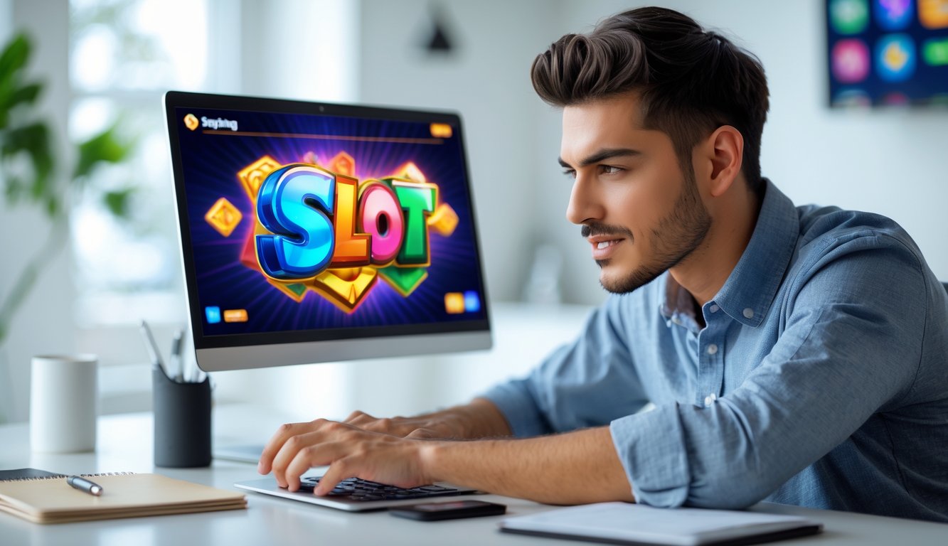 Seorang pria muda duduk di meja dengan laptop terbuka, fokus pada permainan slot online di layar, di ruang kerja yang terang dan rapi.