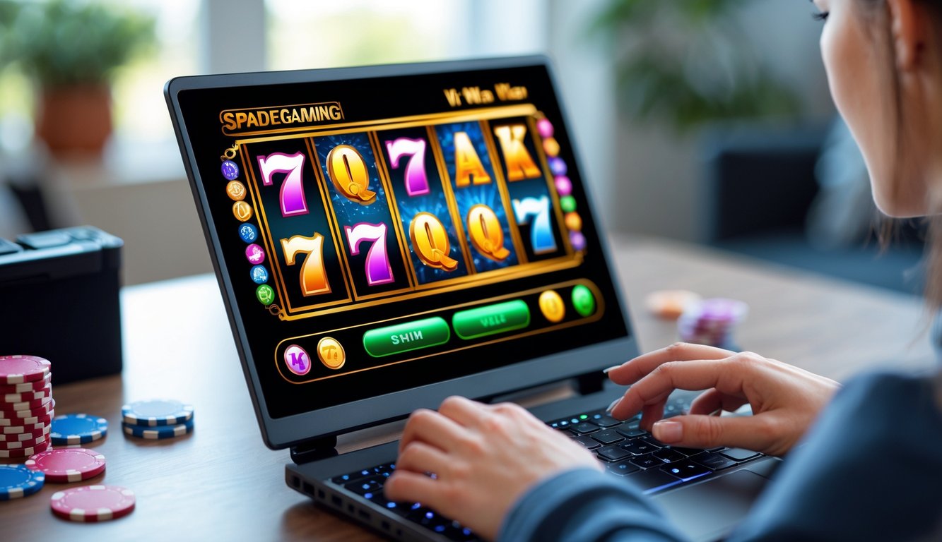 Seseorang sedang bermain permainan slot online di komputer dengan tampilan layar penuh warna dan simbol mesin slot.
