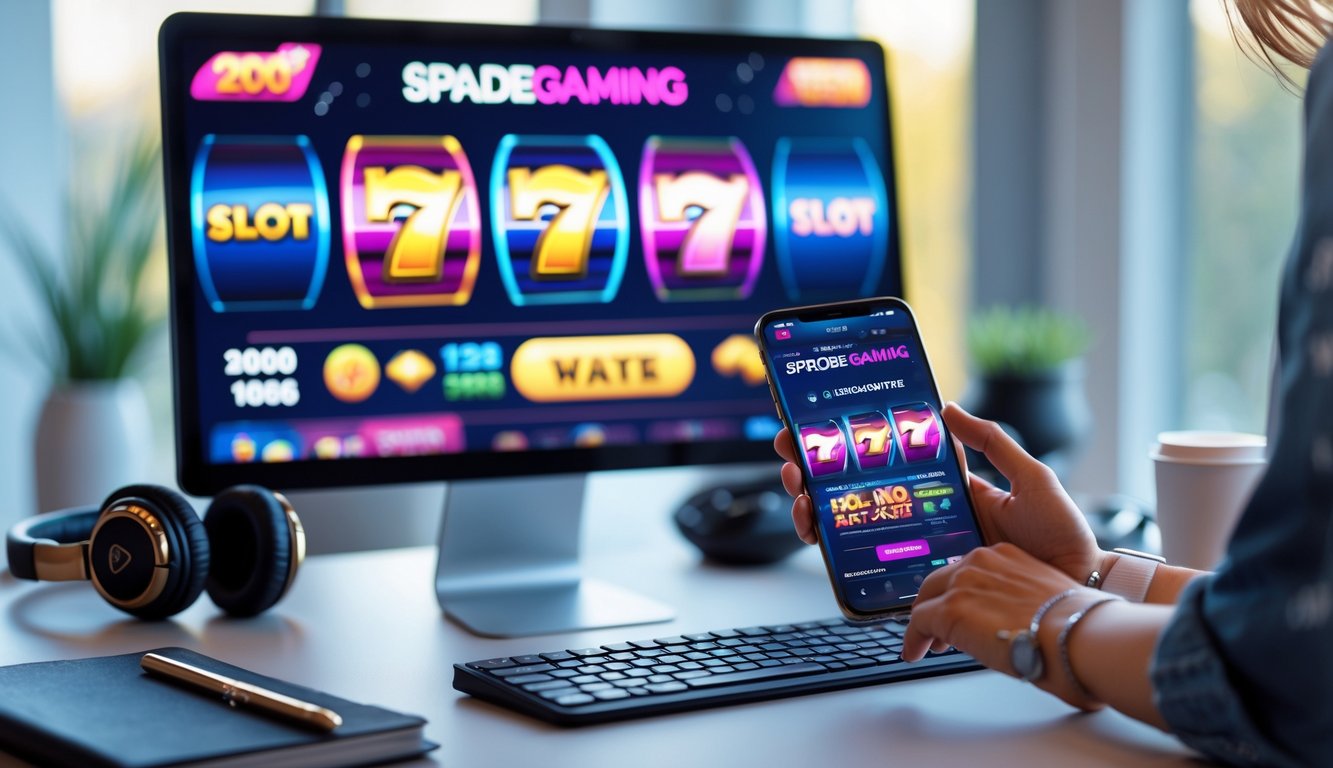 Seseorang menggunakan komputer dan ponsel untuk bermain game slot online di meja kerja yang rapi.