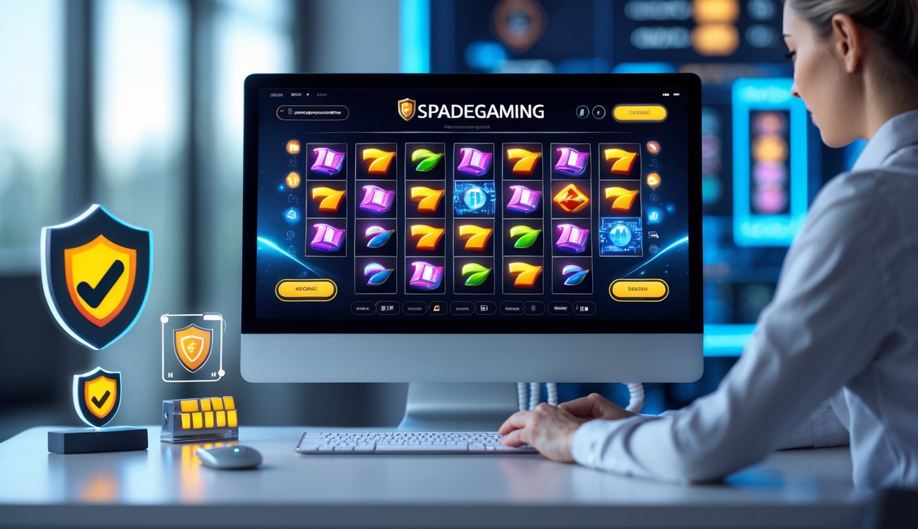Seorang profesional sedang menggunakan komputer dengan layar yang menampilkan permainan slot online berwarna-warni, dikelilingi simbol keamanan dan teknologi digital.