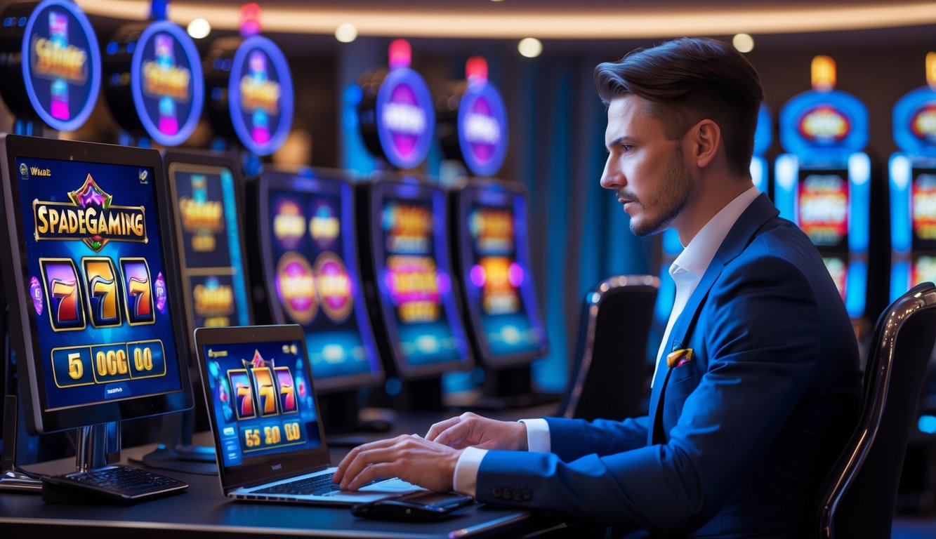 Seorang pemain profesional duduk di depan beberapa monitor dengan grafik permainan slot yang cerah di ruang permainan modern.