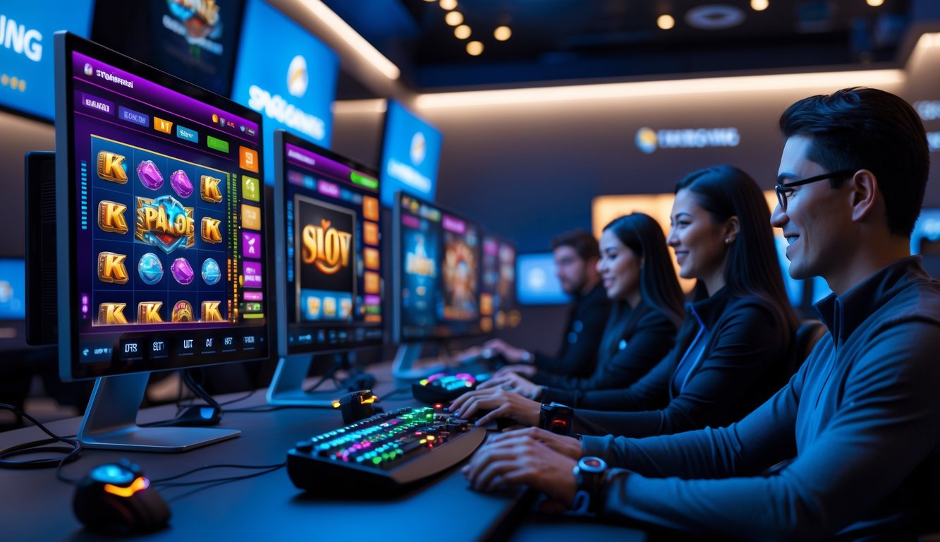 Sekelompok pemain slot profesional sedang bermain game slot online di komputer dengan tampilan permainan Spadegaming yang berwarna-warni di sebuah ruang bermain modern.