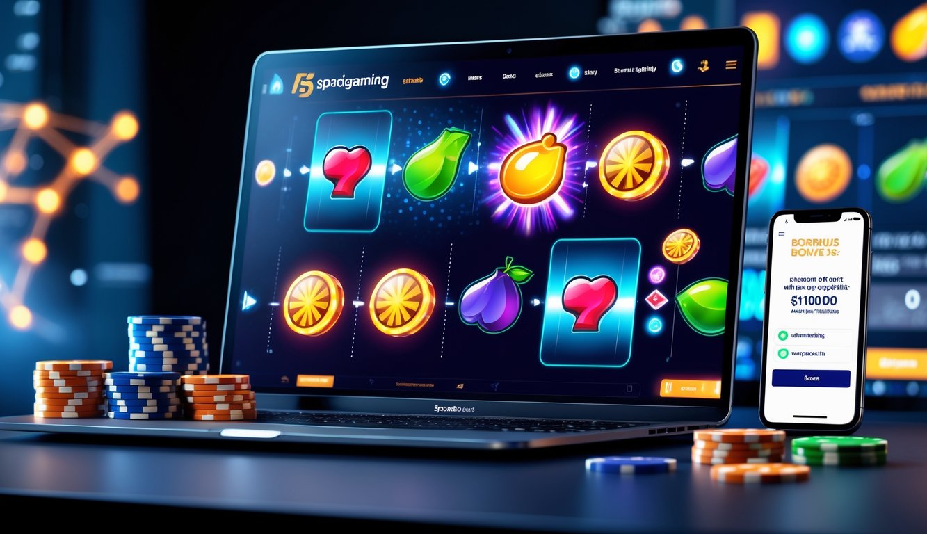 Seorang pengguna sedang bermain permainan slot online di komputer dengan layar menampilkan grafik warna-warni dan chip kasino di meja.
