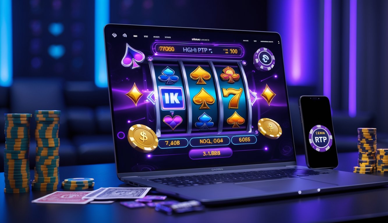 Seorang pria menggunakan laptop dengan layar menampilkan permainan slot online berwarna cerah di ruangan dengan pencahayaan biru dan ungu.