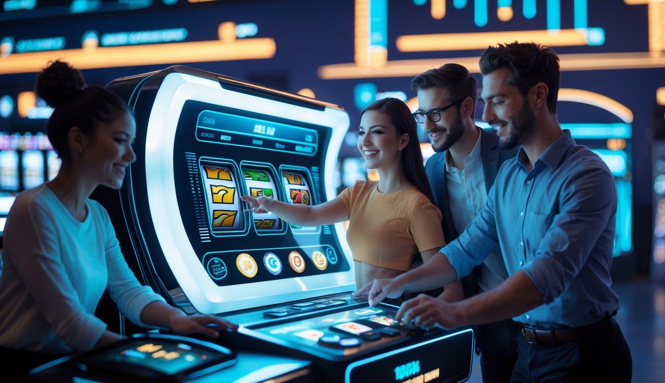 Sekelompok orang sedang berinteraksi dengan mesin slot digital modern di lingkungan kasino online yang cerah dan profesional.