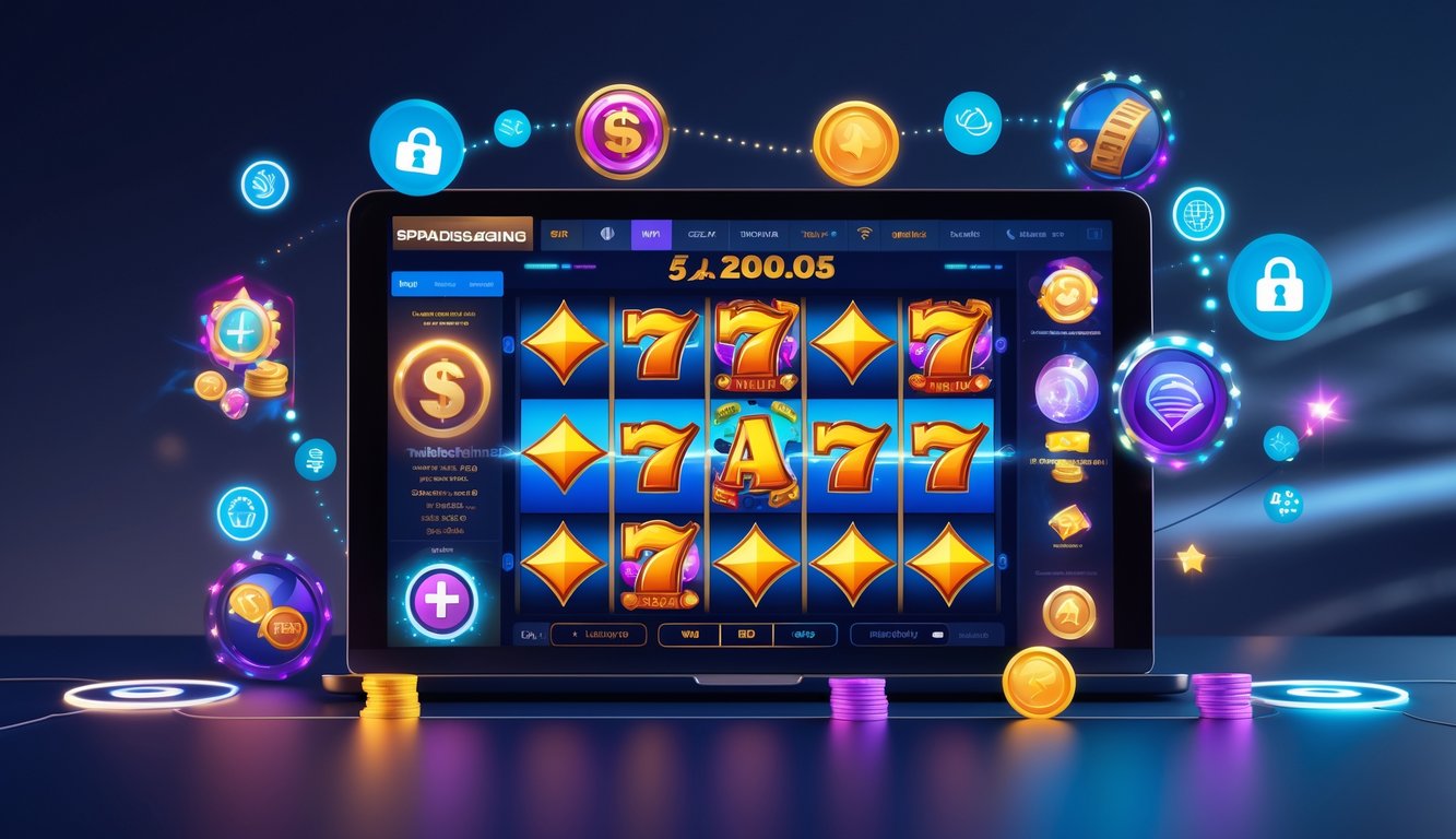 Seseorang menggunakan komputer atau ponsel untuk bermain permainan slot online dengan grafis warna-warni dan ikon fitur lengkap di sekitarnya.