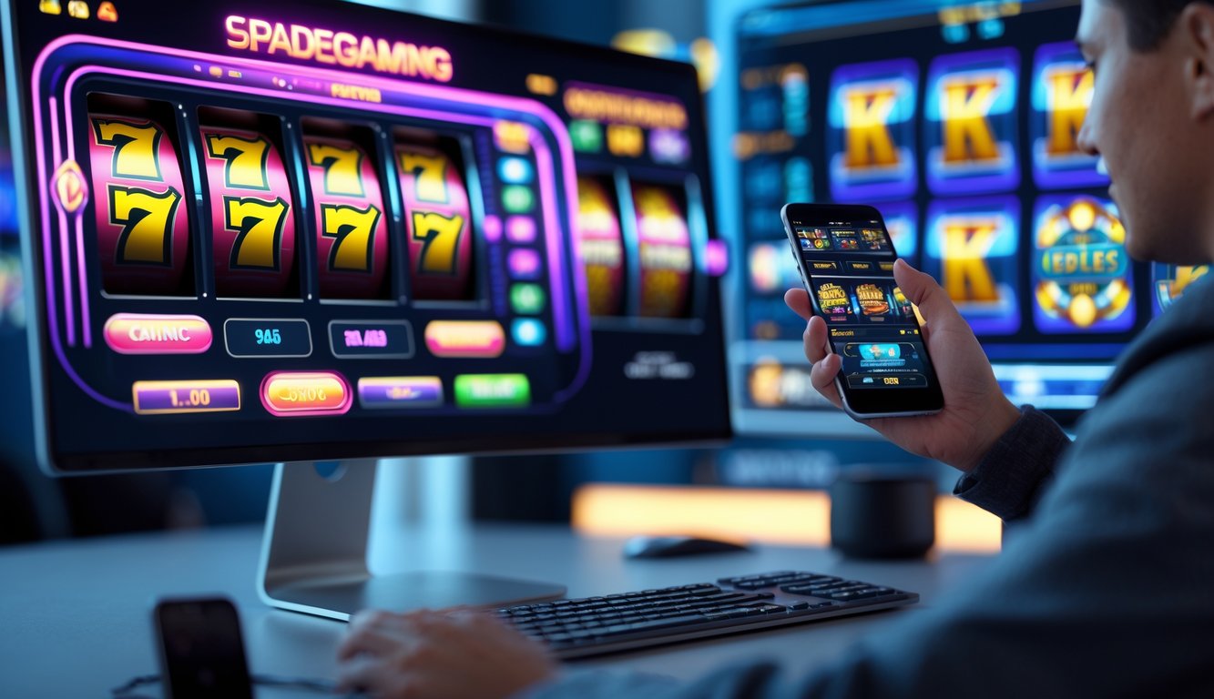 Seorang pemain menggunakan komputer dan ponsel untuk bermain slot online dengan tampilan permainan yang berwarna-warni di layar.