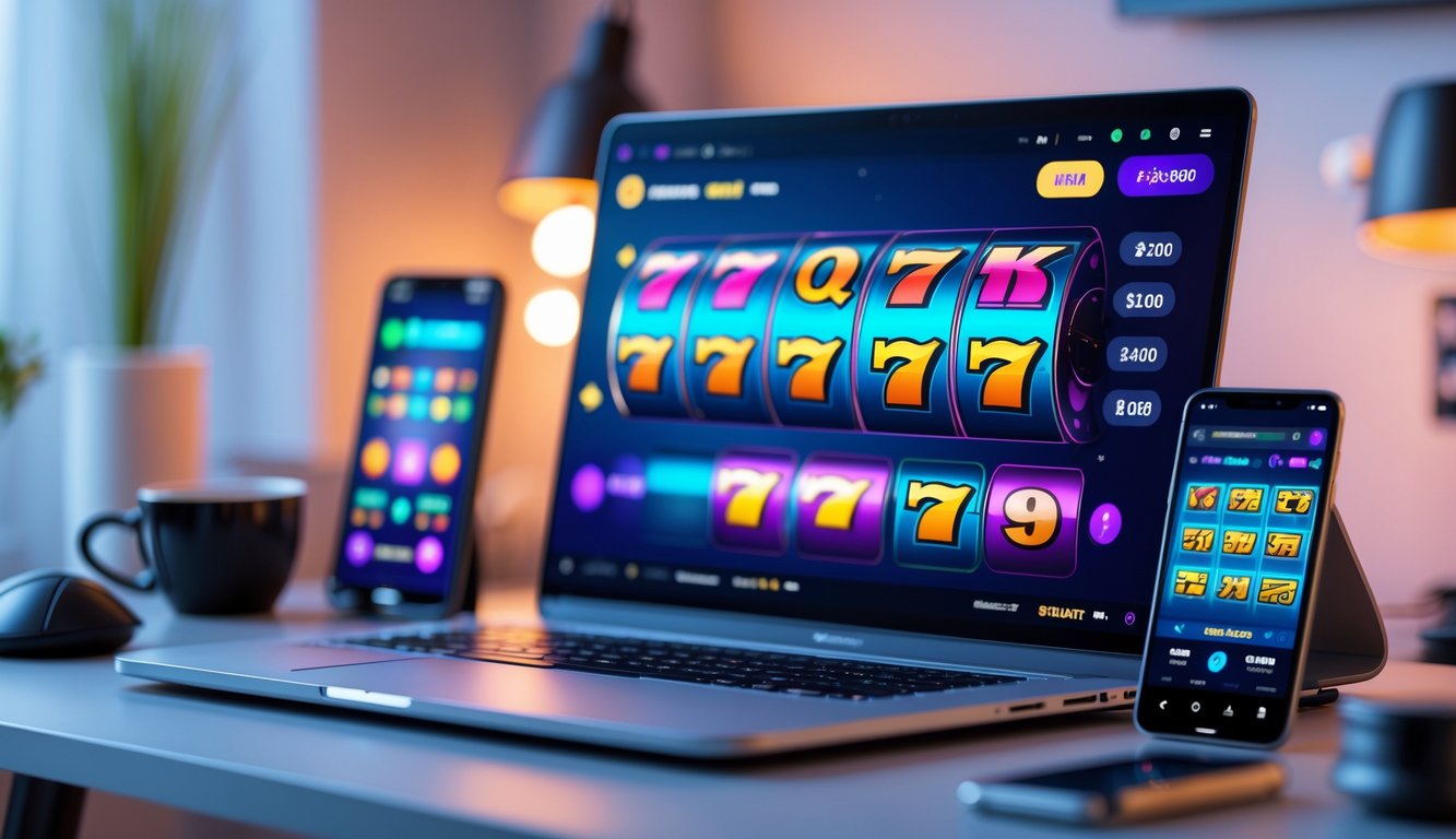 Sebuah laptop dan ponsel menampilkan permainan slot online dengan latar belakang ruang kerja yang nyaman.