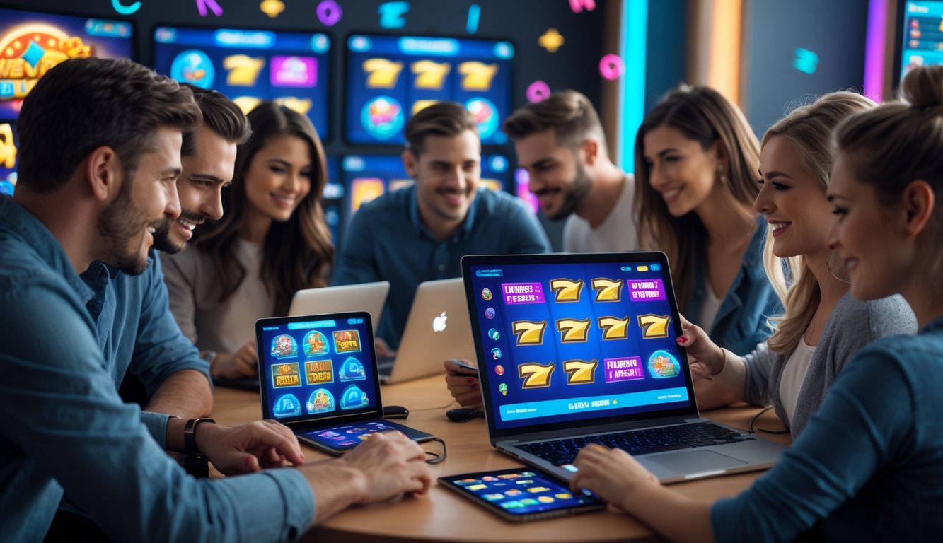 Beberapa orang sedang menggunakan perangkat digital untuk bermain game slot online dalam ruangan yang nyaman dan terang.