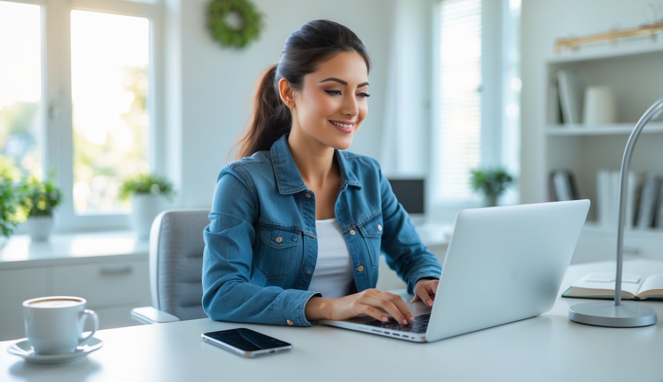 Seorang wanita muda duduk di meja kerja dengan laptop, tampak fokus dan nyaman di ruang kerja yang terang dan rapi.