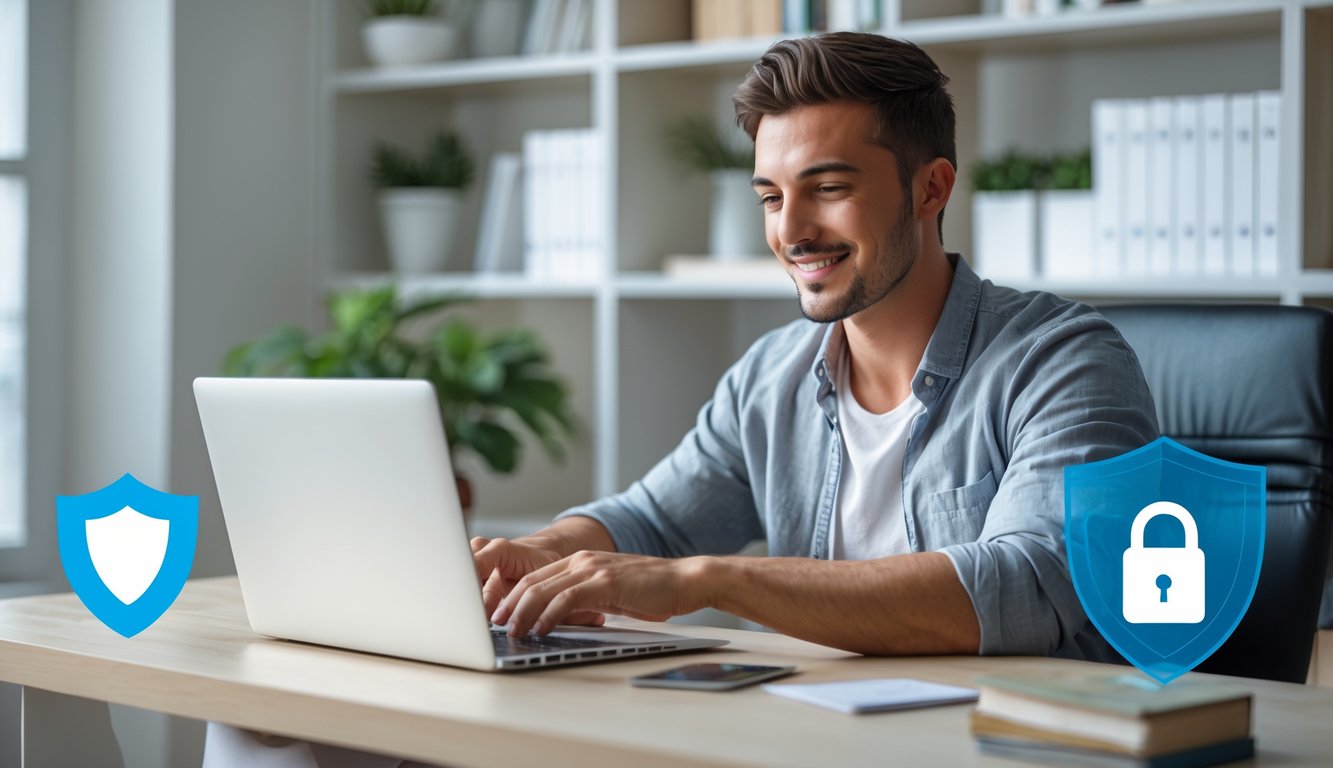 Seorang pria muda duduk di meja kerja menggunakan laptop di ruang kerja rumah yang rapi dan terang, terlihat fokus dan santai saat mendaftar di situs togel online yang terpercaya.