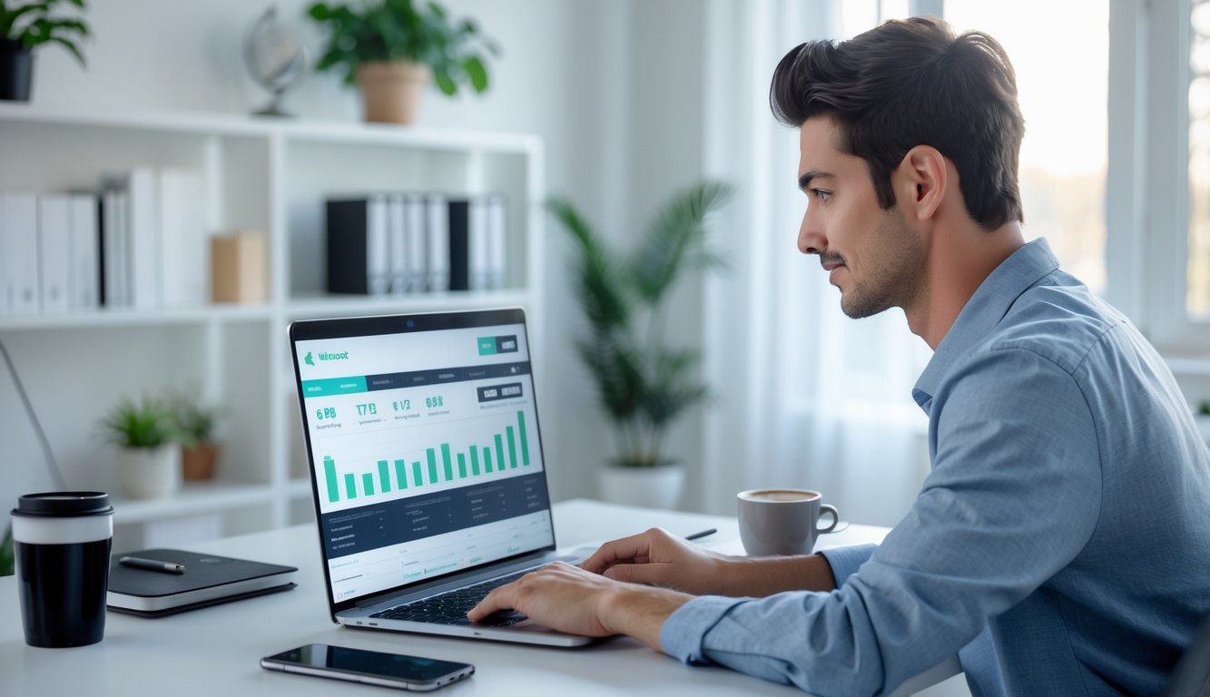 Seorang pria muda duduk di meja kerja modern dengan laptop, dikelilingi peralatan kantor dan tanaman hias di ruang kerja yang terang.