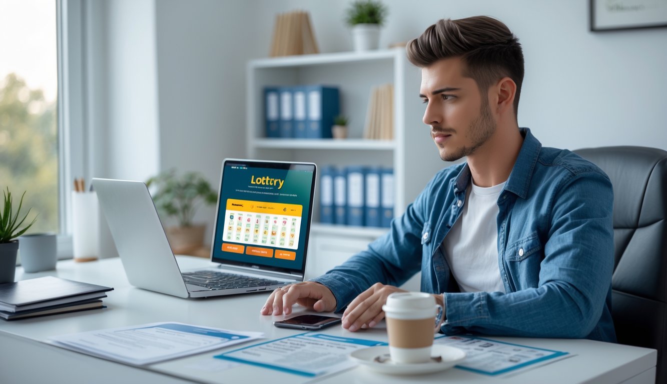 Seorang dewasa muda duduk di meja kerja dengan laptop terbuka, fokus melihat situs togel online terpercaya di kantor rumah yang terang dan rapi.